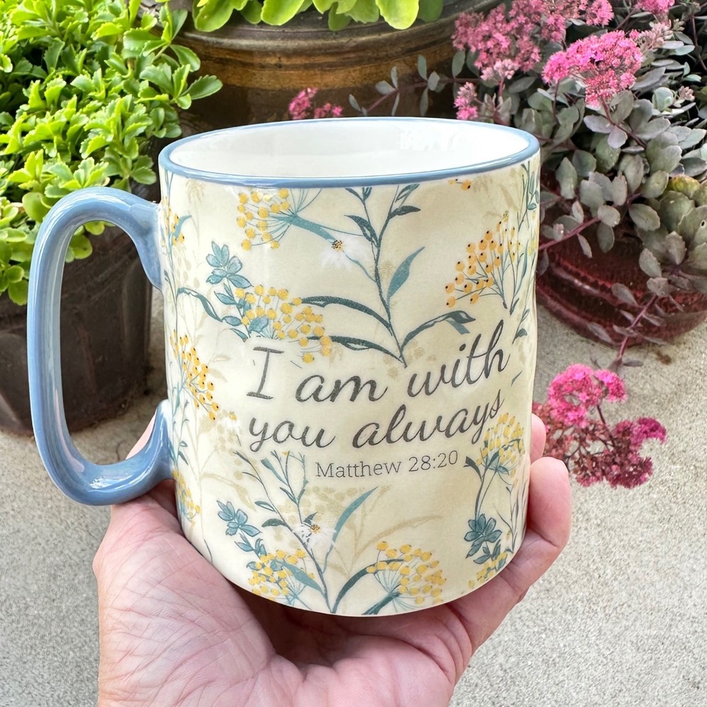 10 Strawberry Street Mug Matthew 28:20 Scripture Cream Blue Floral Religious